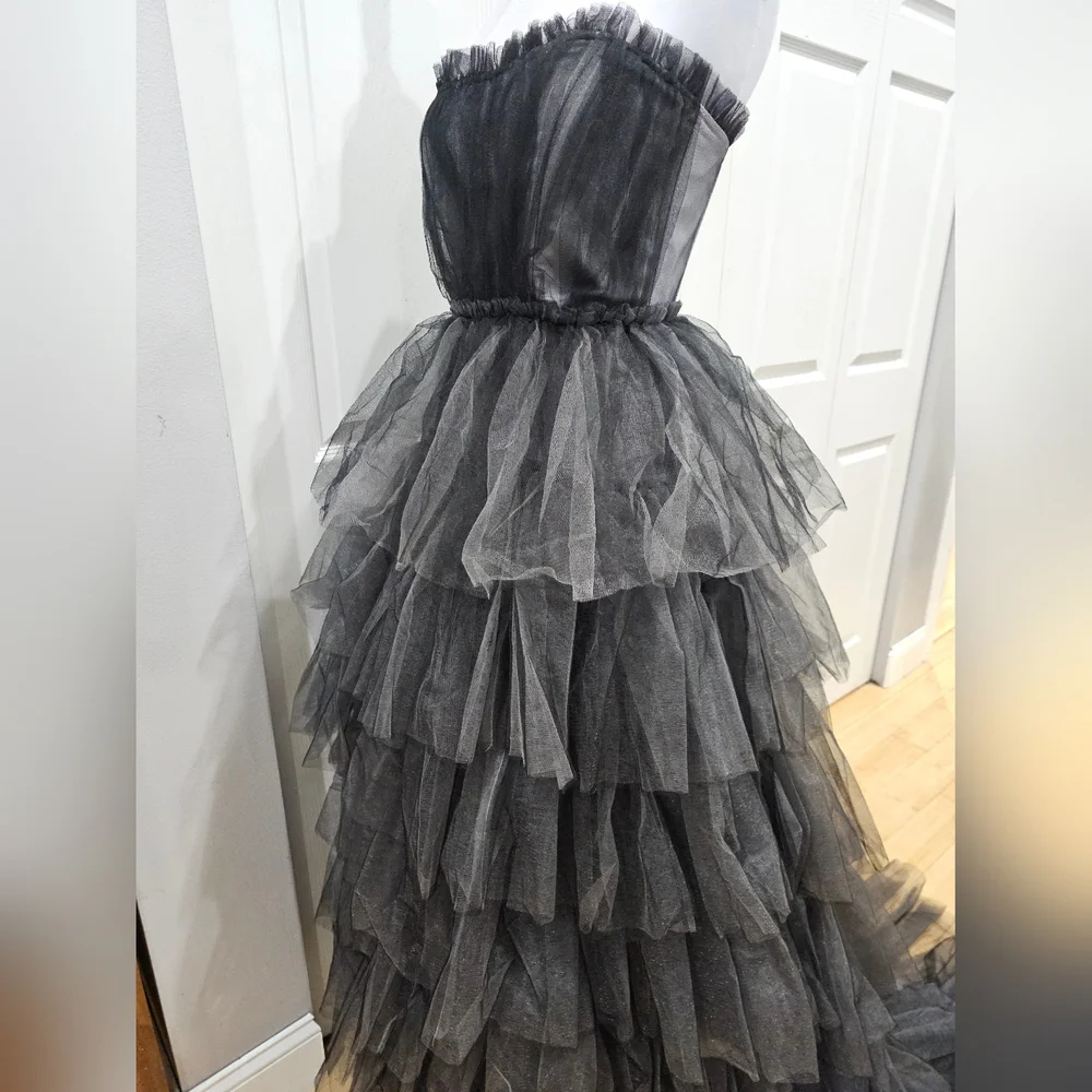 Dolls Kill Unholy Dramatic Flair Tiered Black Gray Tulle Maxi Dress Gown S - Picture 9 of 16
